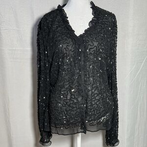 NWT Night Way Silk Beaded Cardigan XL Black Sheer Evening Jacket Sequin Top